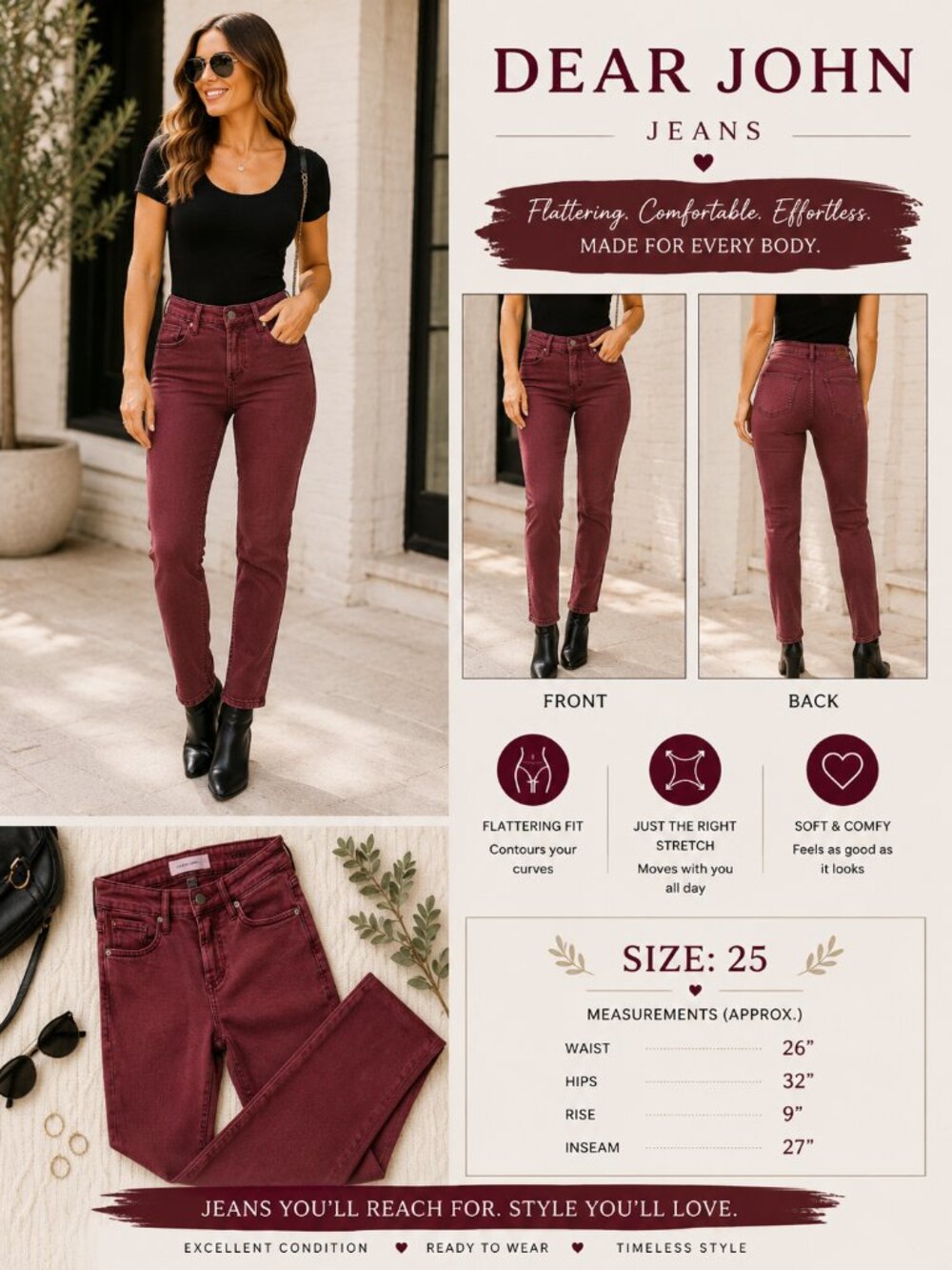 Dear John Blaire Straight Jeans Size 25 Burgundy Stretch Mid Rise Ankle - Picture 2 of 8